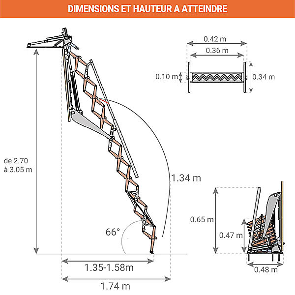 Escalier électrique avec trappe de 80X100cm - Main courante à droite - Hauteur sol à sol max. 3,05m - FGM/80/100/MCD