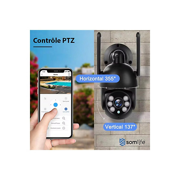 Caméra Surveillance WiFi SomLife extérieure 360 3MP , Vision nocturne, Notification tel, Détection,Suivi de mouvement, app tuya