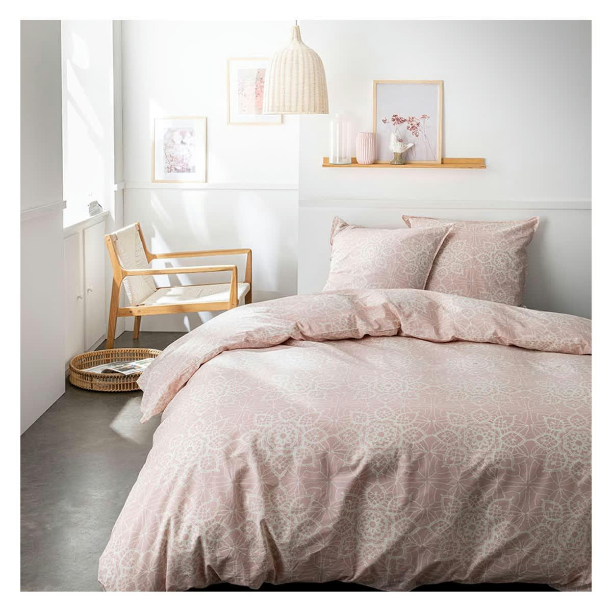 RENATO - Parure de lit 2 personnes imprimé bohème en Coton Rose 220x240 cm