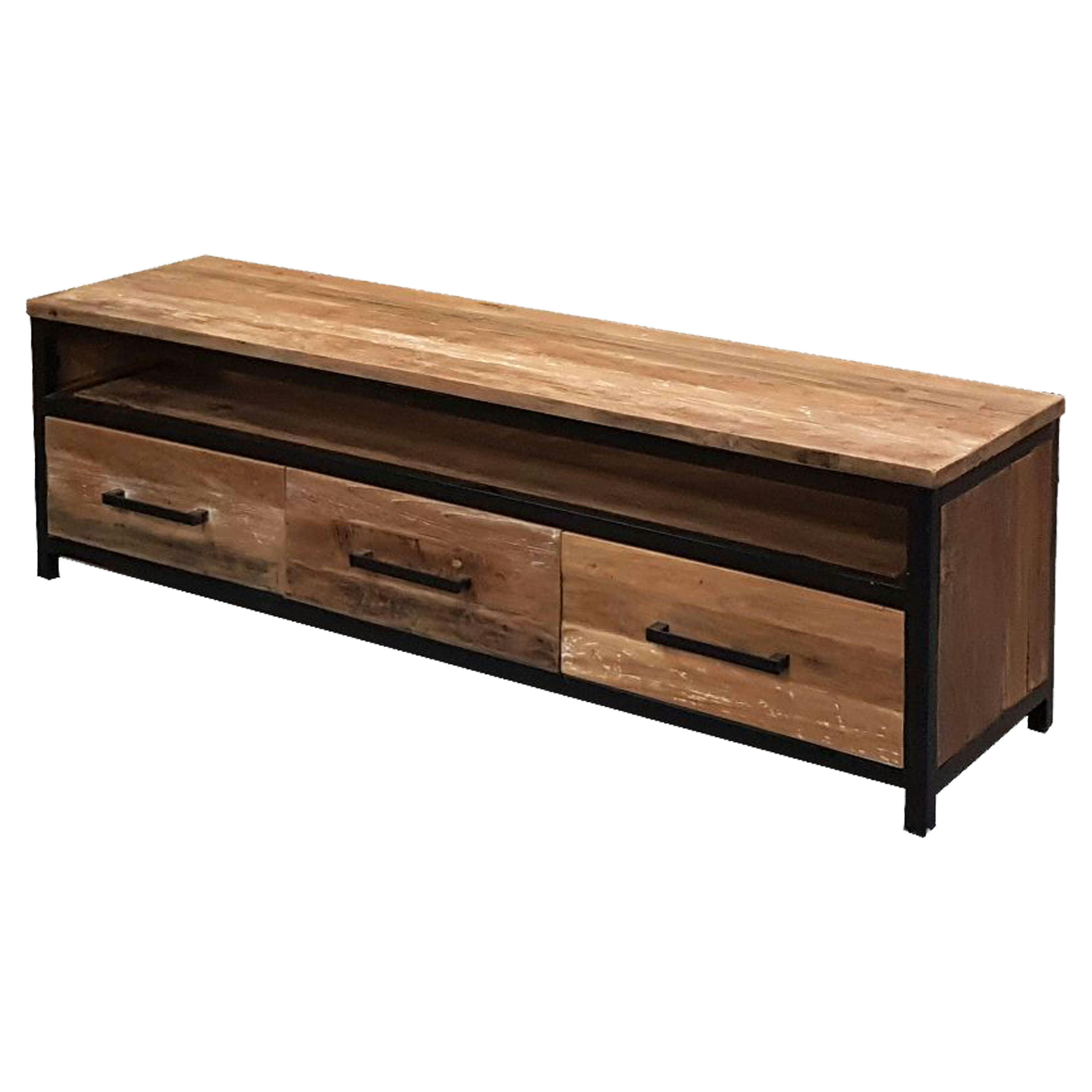 BORNEO - BORNEO-Meuble TV 2 tiroirs L160 cm enTeck recyclé et métal noir