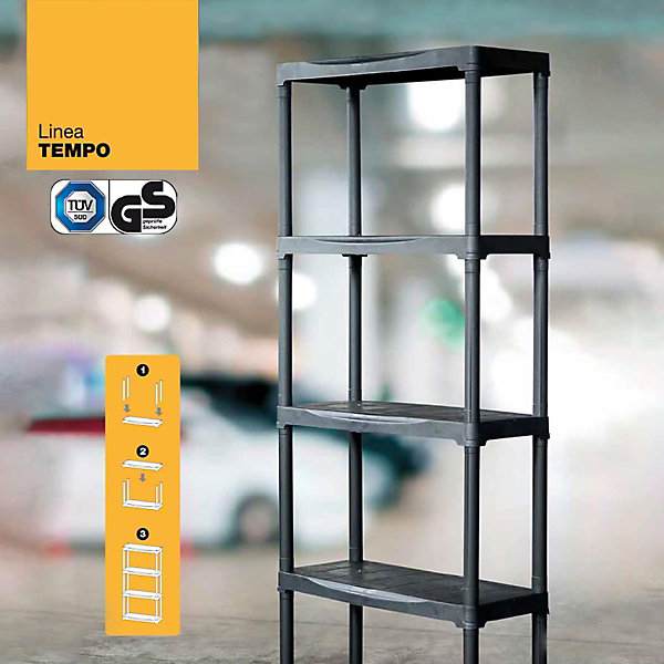 Etagère de Rangement 4 niveaux   Porte-Balai Noir Polypropylène Résistant Garage Buanderie Art Plast