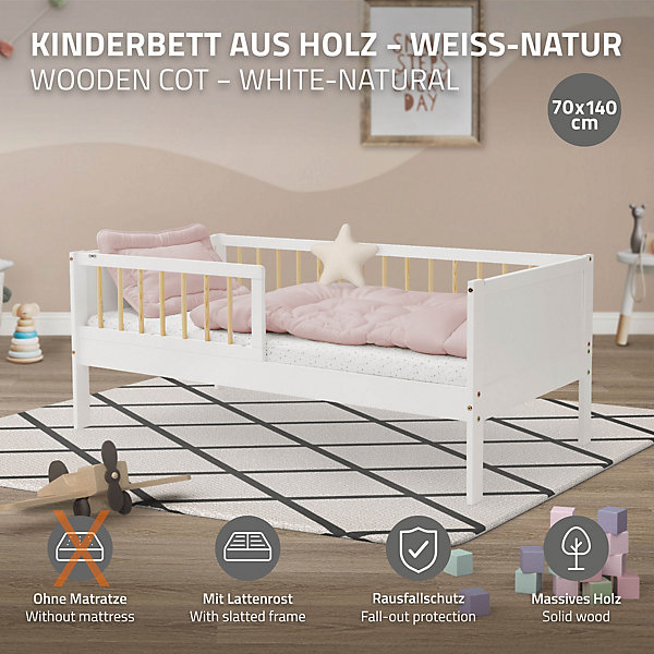 Lit d'enfant ML-Design 70x140 cm blanc-naturel en bois de pin avec sommier à lattes sans matelas