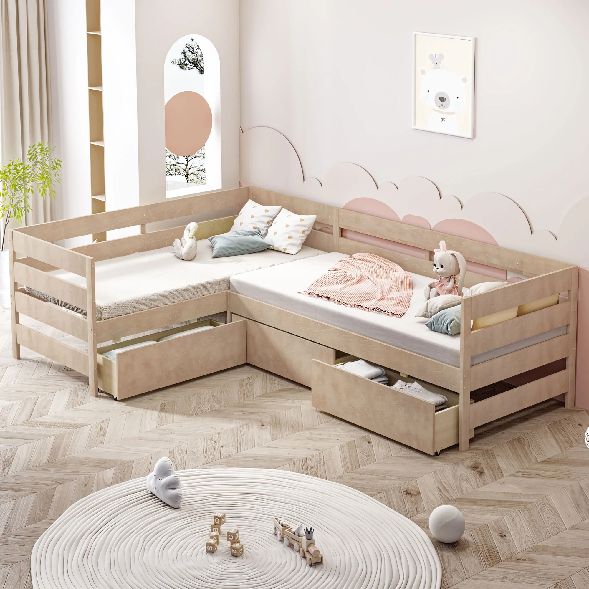 Solid Wood Twin L-Shaped Platform Bed with 3 Storage Drawers, Space-Saving Design