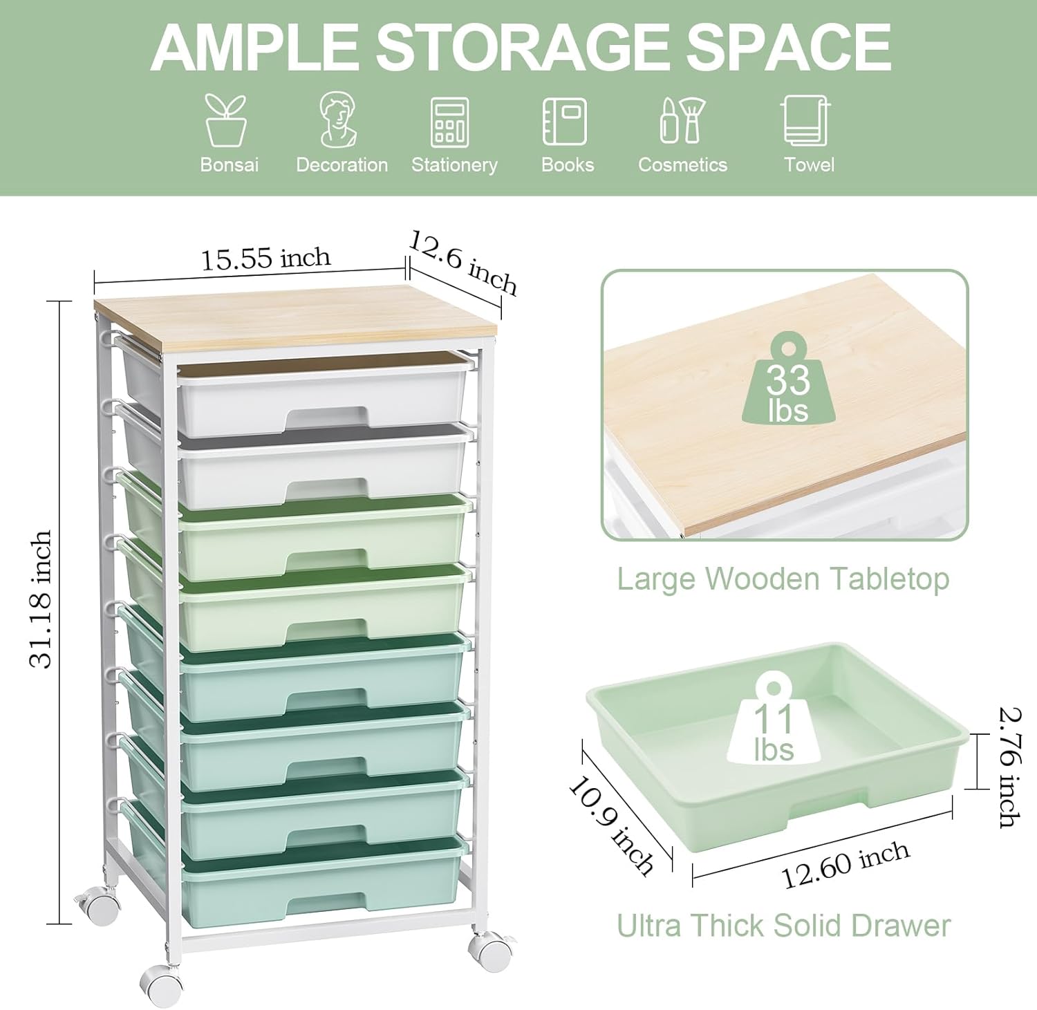 Rolling Storage Utility Cart Organizers with 8 Drawers and Wooden Tabletop for Living Room,Office,Classroom,Craft Room,Bedroom,Dorm,Green