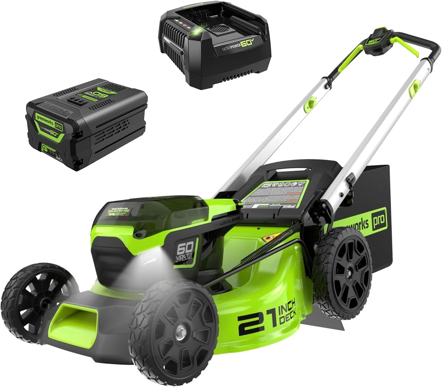 Greenworks 60V 21 Brushless (Push) Cordless Lawn Mower, 5.0Ah Battery (1/2 Acre, Rapid Charger, 4-in-1, LED Lights, IPX4)