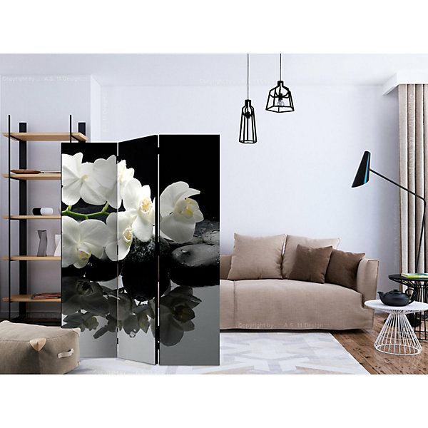Paravent Zen avec Orchidées et Pierres pour Spa Relaxant 135 x 172 cm Blanc et Gris