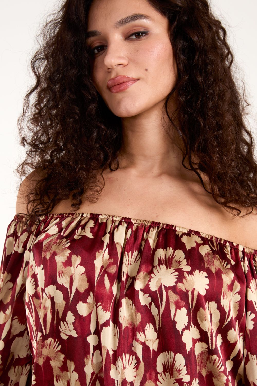 Blue Vanilla Floral Ruched Sleeve Bardot