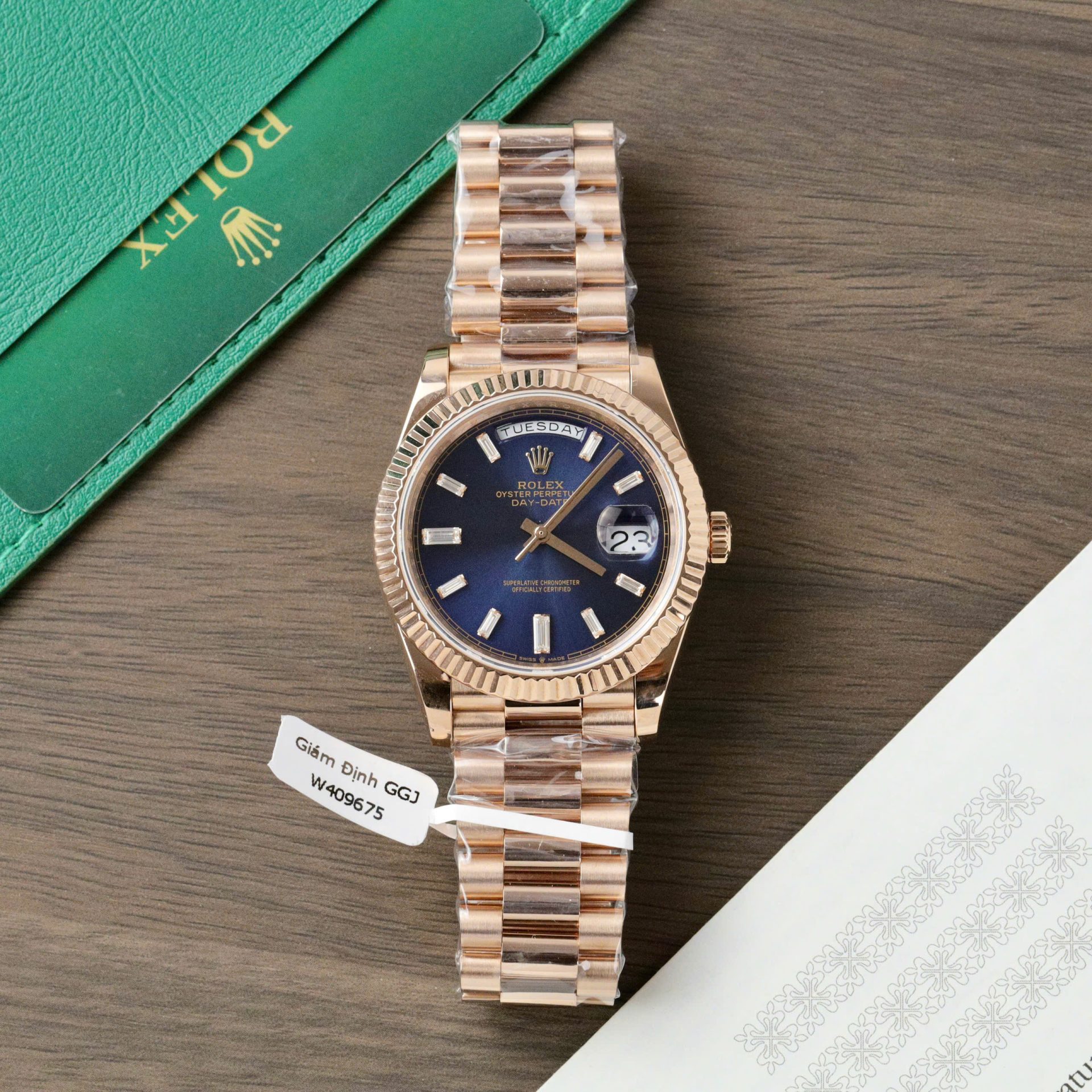 Rolex Day-Date RG Plated Blue Dial CZ Diamonds 40mm Super Clone