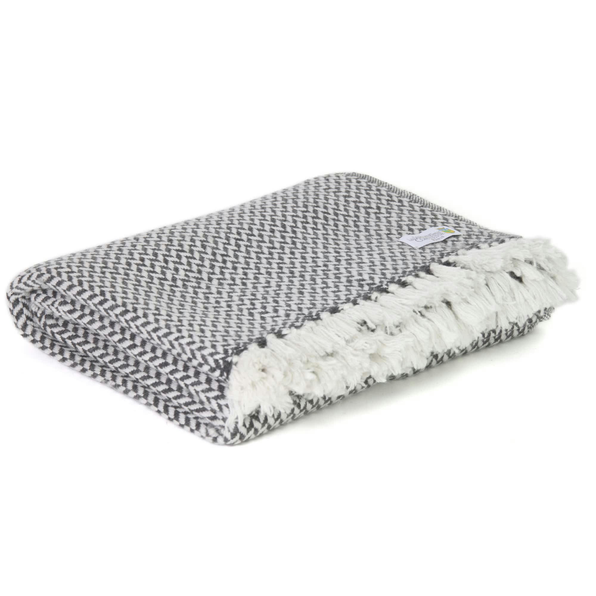 GRIS FONCÉ - Plaid cachemire et laine petits chevrons gris anthracite 130 x 230 cm
