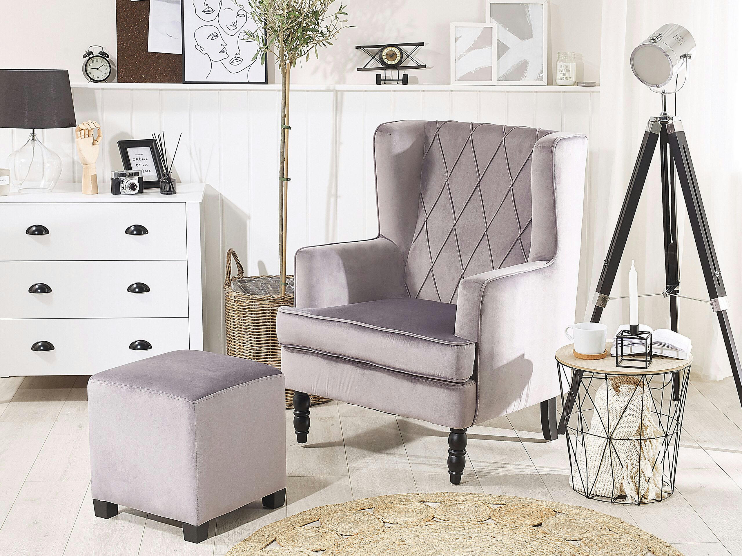 SANDSET - Fauteuil bergère en velours gris avec repose-pieds assorti
