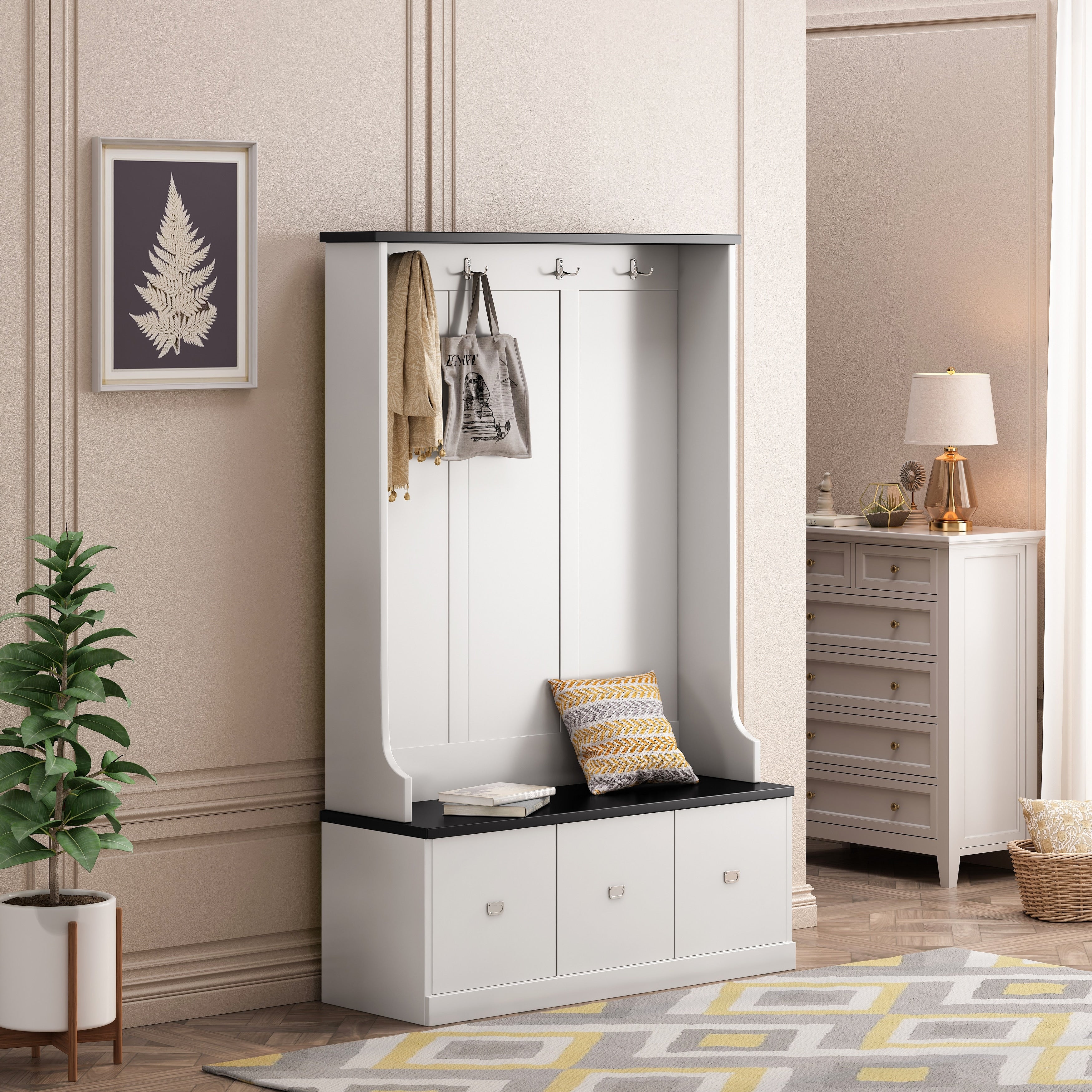 Two-tone Hall Tree with 4 Hooks and 3 Large Drawers, Coat Hanger, Entryway Bench, Storage Bench, 3-in-1 Design, for Entrance