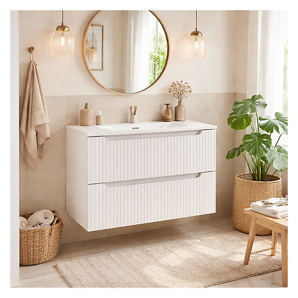 Ensemble de salle de bain suspendu VANO blanc 80cm : meuble sous vasque à tiroirs rainuré et vasque encastrée blanche
