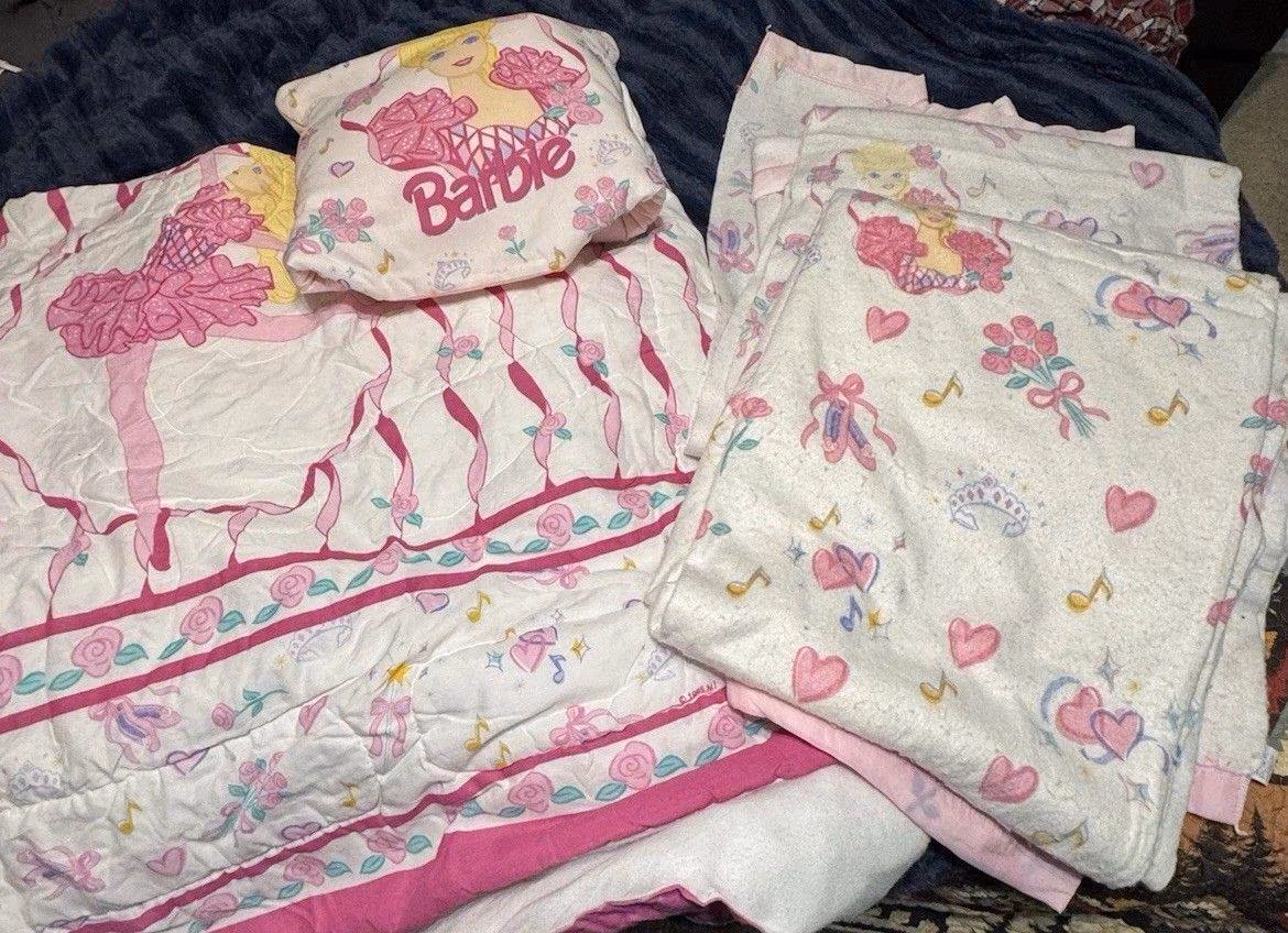Vintage 1995 Barbie Ballerina Mattel Bedding Lot Comforter Pillow Sheet Pink