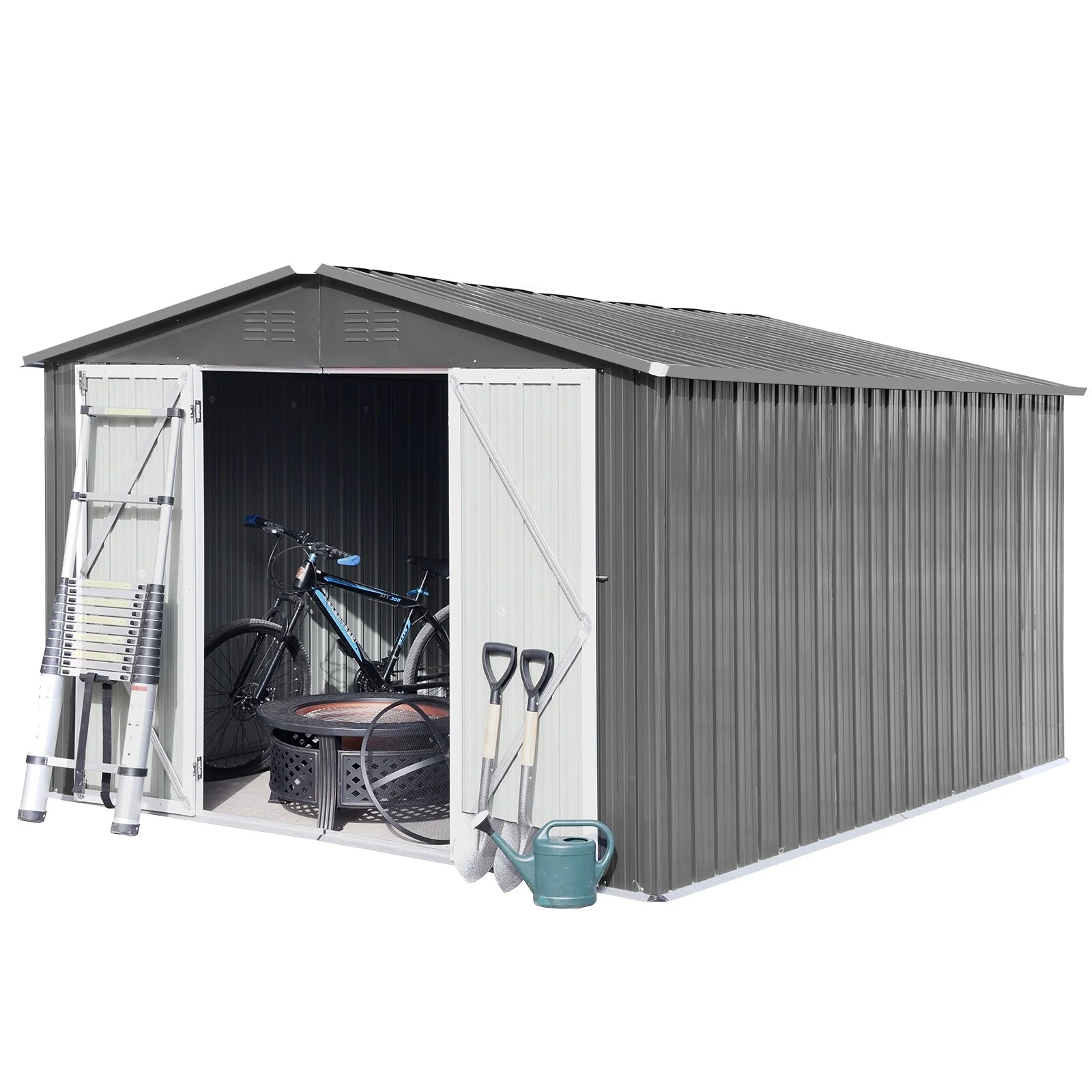 Large Garden Shed Galvanized Steel Storage Shed Tool Shed with Double Doors & Punched Vents, Weatherproof