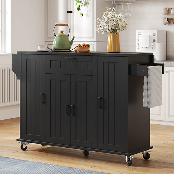Îlot de Cuisine Pliable avec 5 Roulettes - 4 Portes, 1 Tiroir, Porte-épices Intégrées, MDF, 120x45(70)x95 cm - Noir