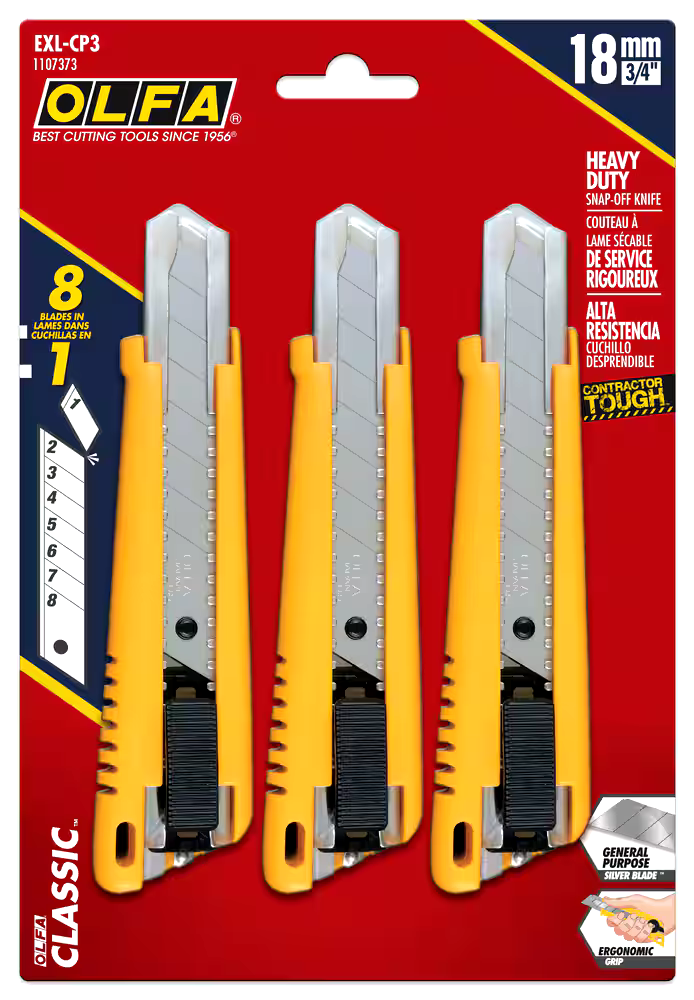 OLFA EXL-CP3 1107373 Auto-Lock Heavy Duty Snap-off Utility Knives, 18-mm, Yellow, 3-pk