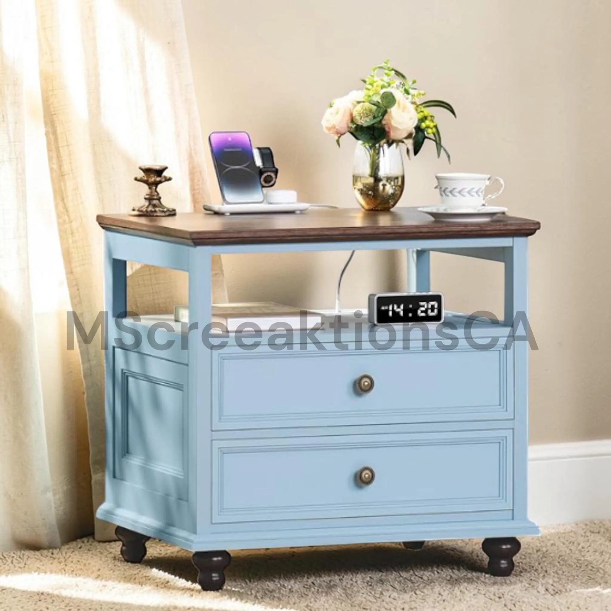 Farmhouse Nightstand with Charging Station, 24 Inch Blue Bedside Table 2 Drawers Wood End Table Cabinet for Bedroom Living Room
