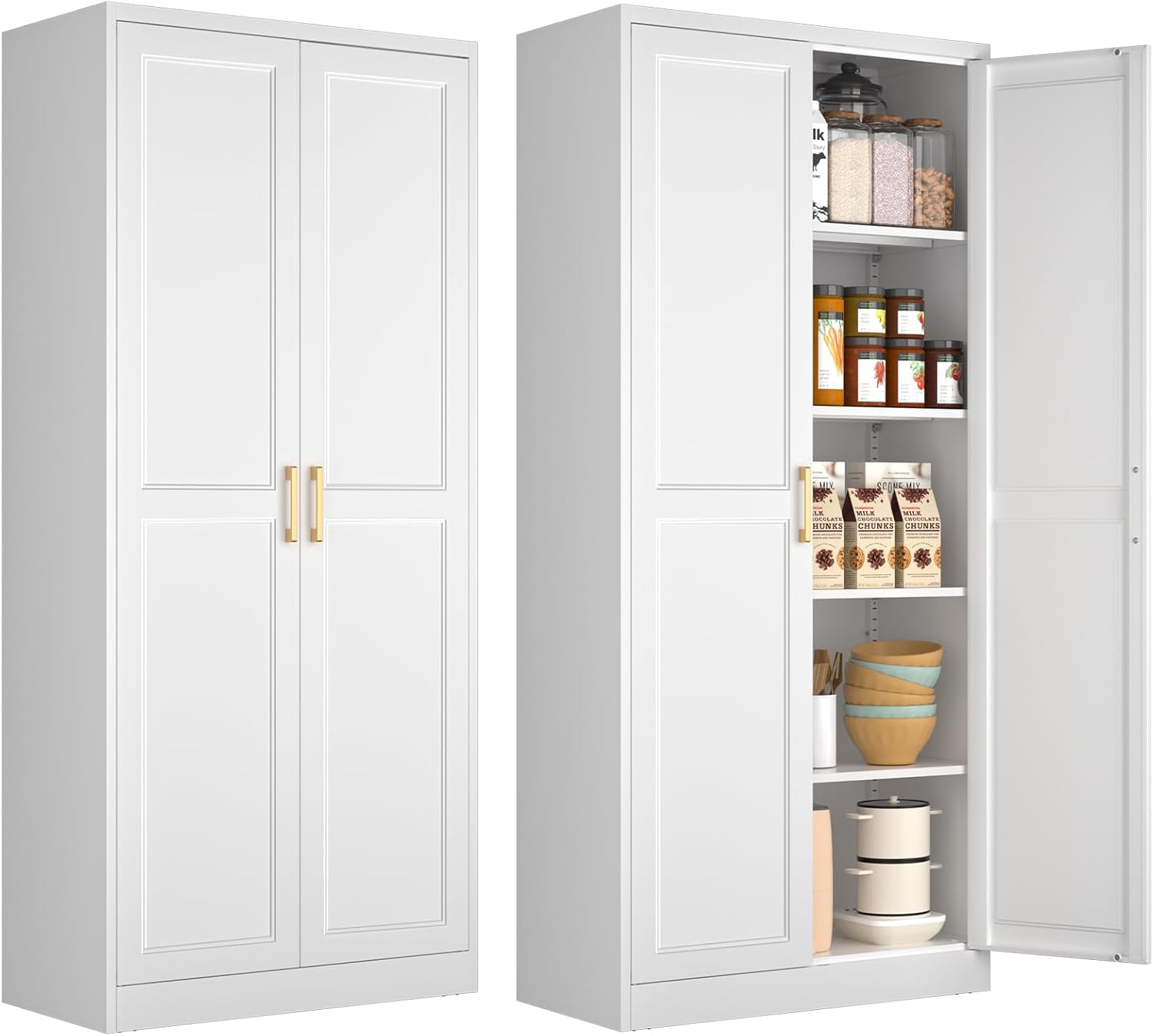 Polup White Kitchen Pantry Cabinet, 71 Inch Tall Metal Storage Cabinet with Doors and Shelves, Pantry Cabinets for Kitchen Storage, Freestanding Cupboard for Living, Dining Room, Assemble Required