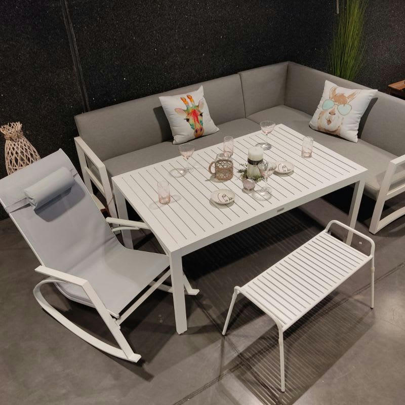 KRYSTELLE - Salon de jardin d'angle 6 places en aluminium blanc