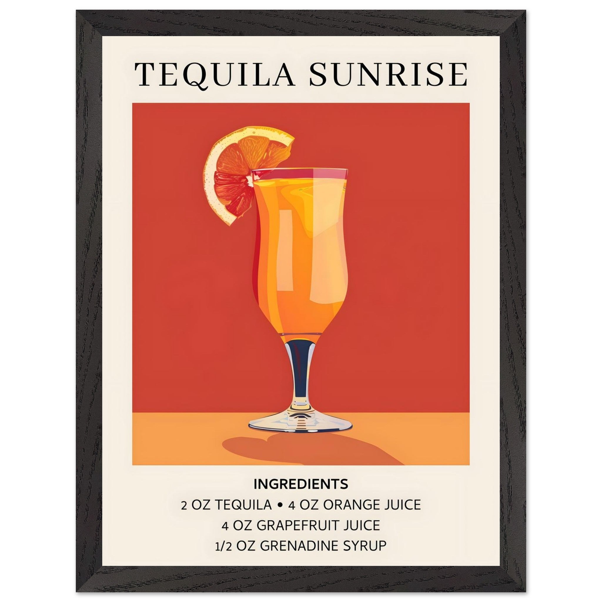 Artfulprints Poster met Lijst Tequila Sunrise cocktail - Ingrediënten  - 30x40 cm - Oranje