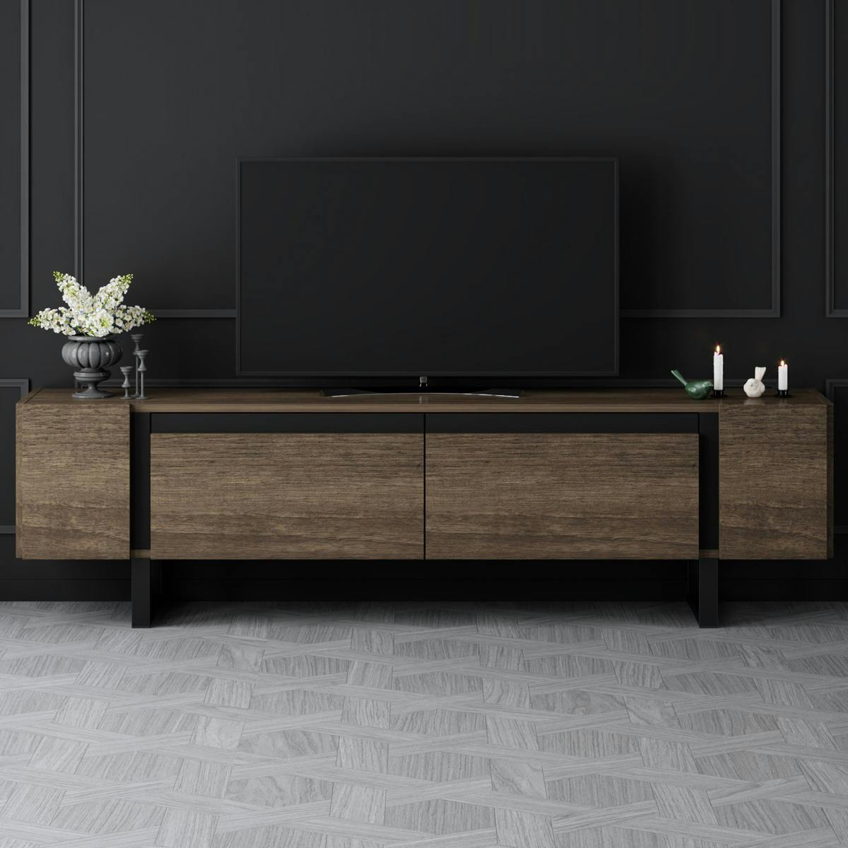 Meuble TV design effet noyer pieds cadres noirs JENA