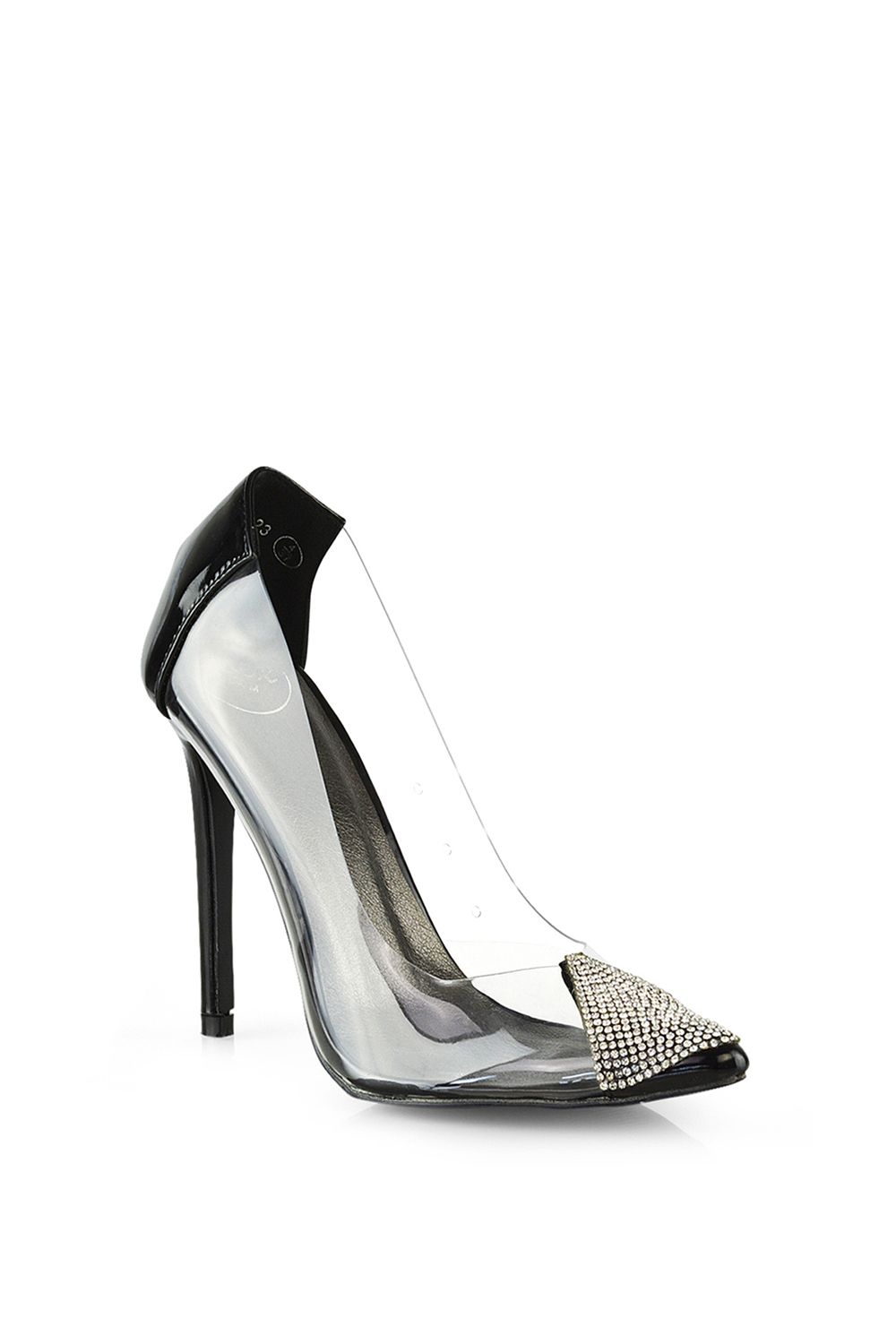 XY London Kaz' Pointed Toe Perspex Stiletto Court Heel Shoes With Diamante Detail