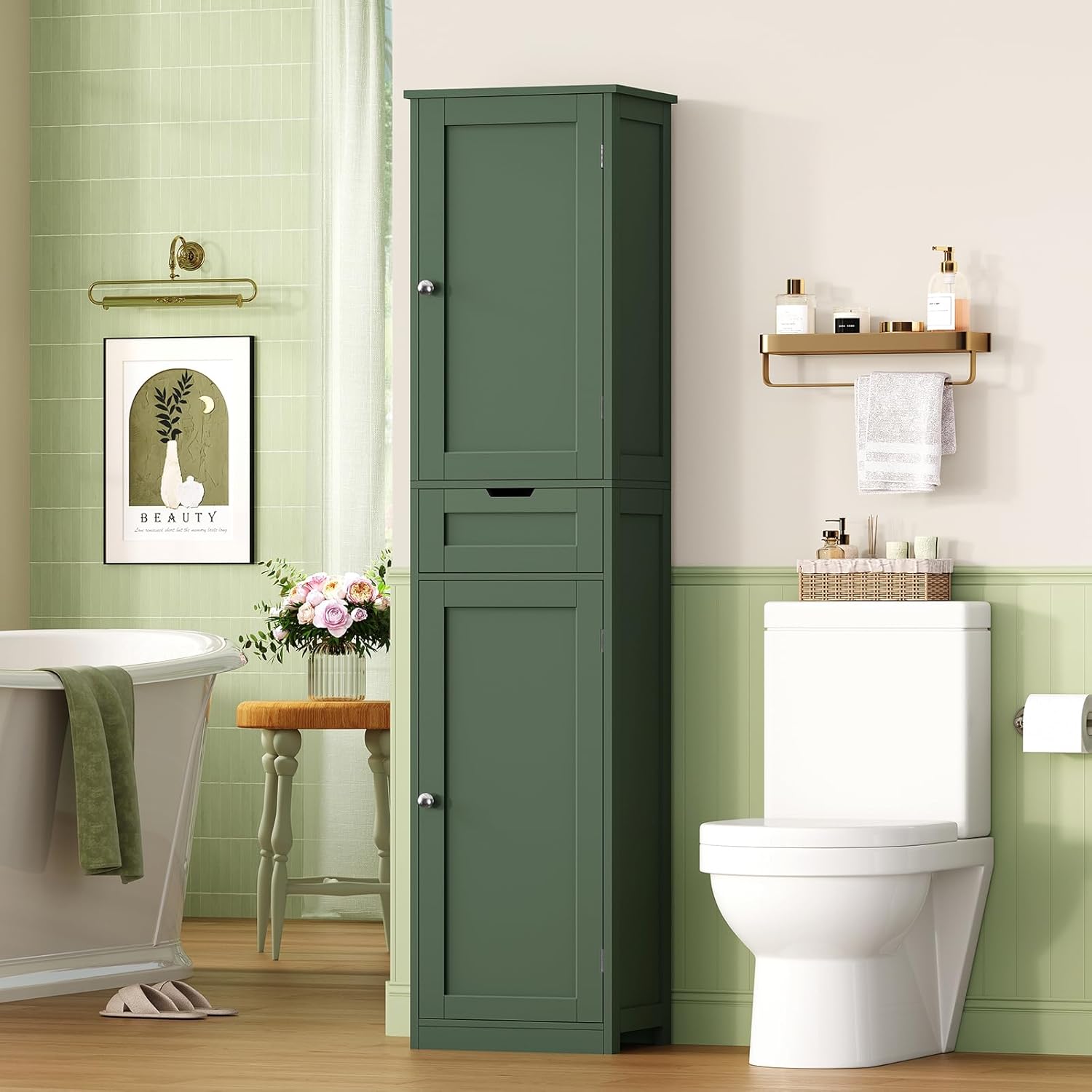 Iwell Tall Bathroom Storage Cabinet with 2 Doors & 1 Drawer, Narrow Storage Cabinet with Adjustable Shelves, for Living Room, Bathroom, Kitchen, Forest Green