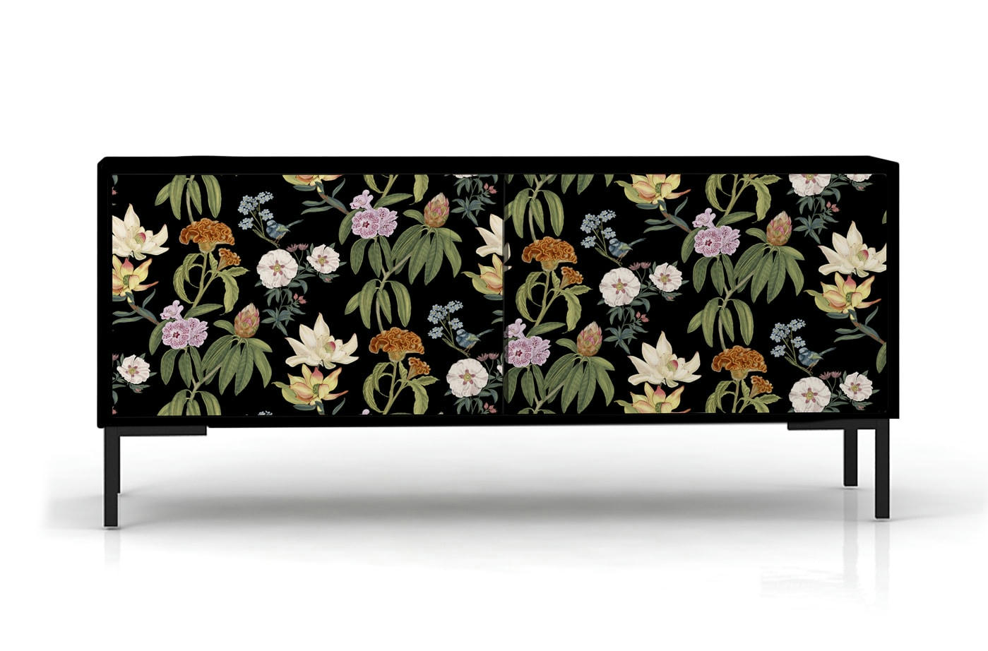 JARA - Meuble TV 2 portes laqué MDF imprimé floral sur fond noir