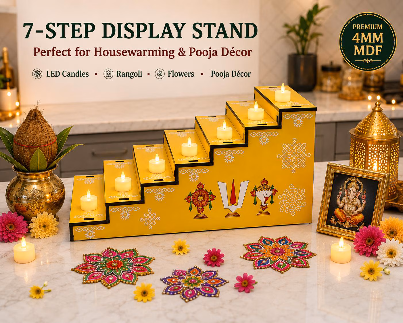 7 Step Puja Stand Steps, 4mm MDF Pooja Display Stands, Golu Kolu Padi with Kolam Namam Print, Idol Stand, Navratri Decor