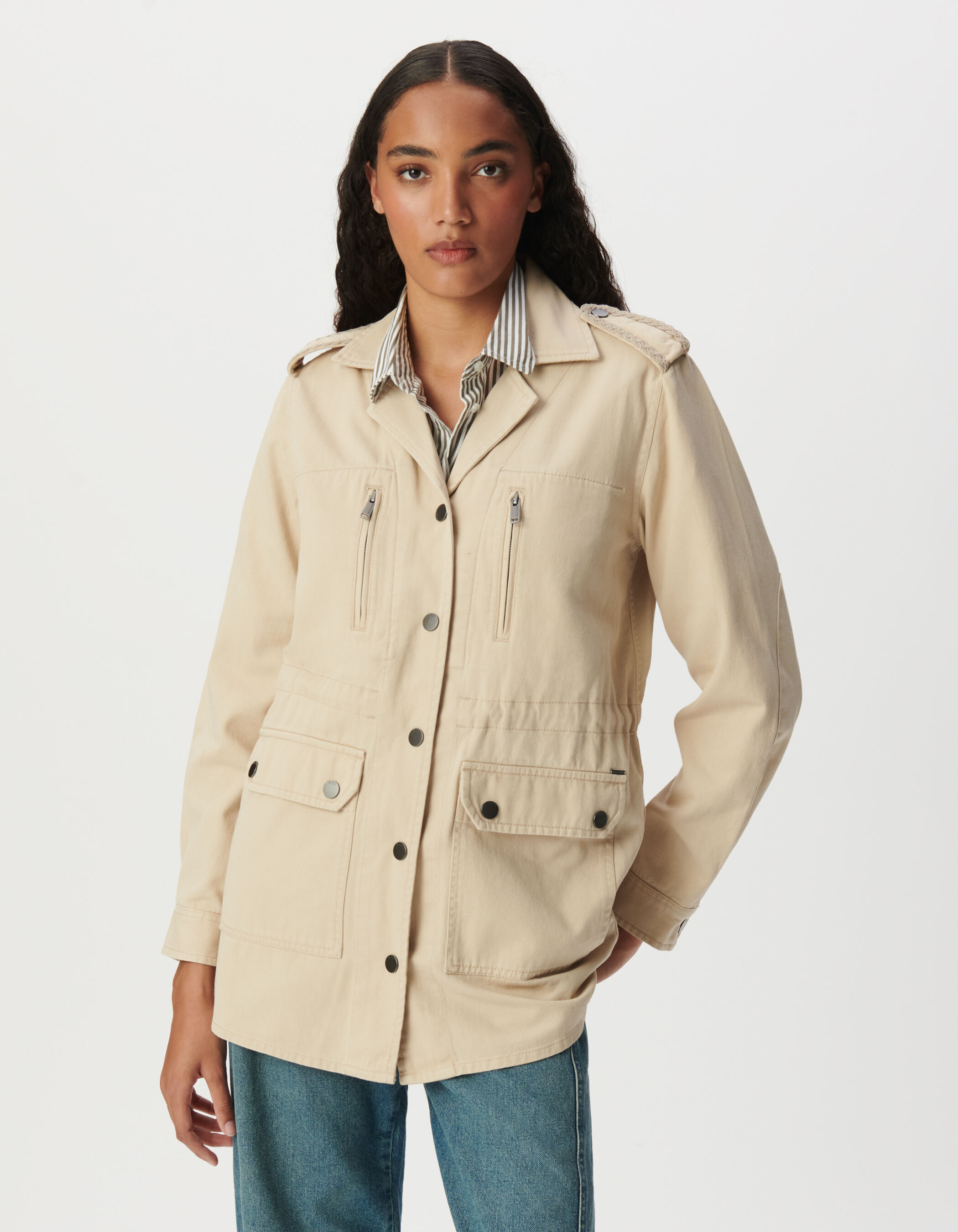 Veste saharienne beige broderies épaules Femme