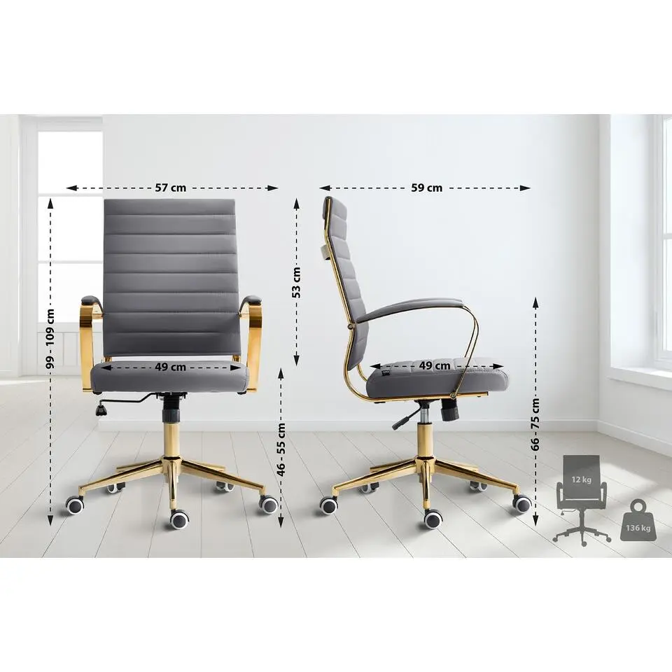 CLP Bureaustoel Havanna goud Frame - Kunstleer - grijs