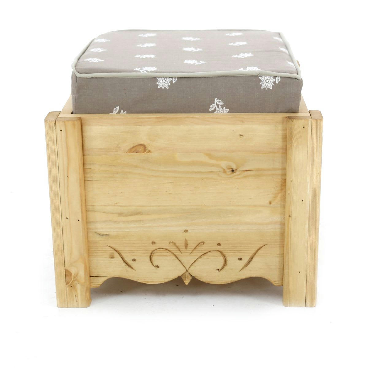 DAHU - Pouf coffre de rangement pin massif sculpté Edelweiss taupe Aspin
