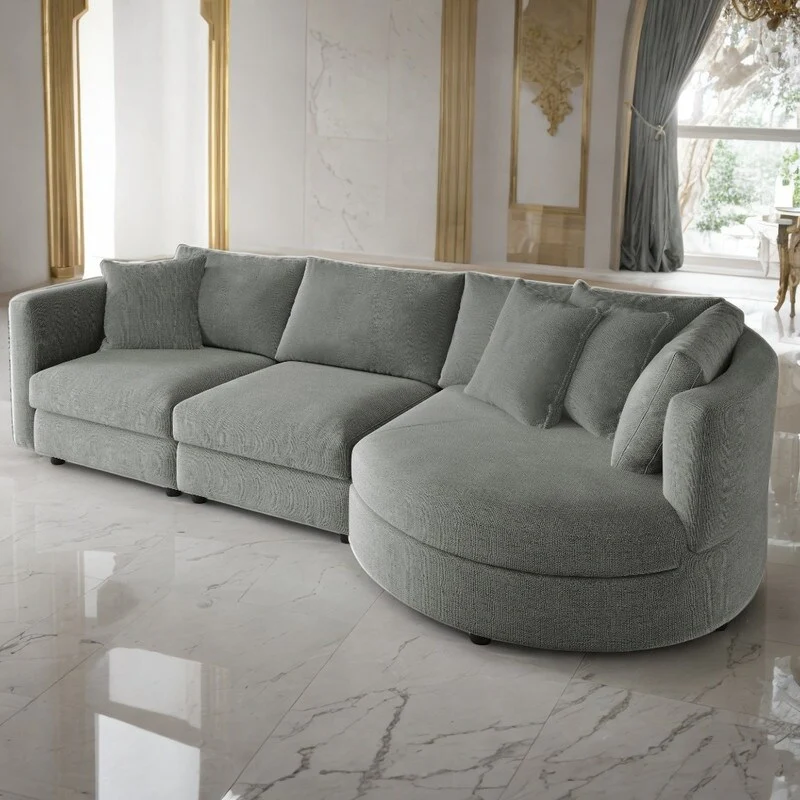 Cushioned Combination Sofas Sectional Sofa with Three Pillows and Curved Seat