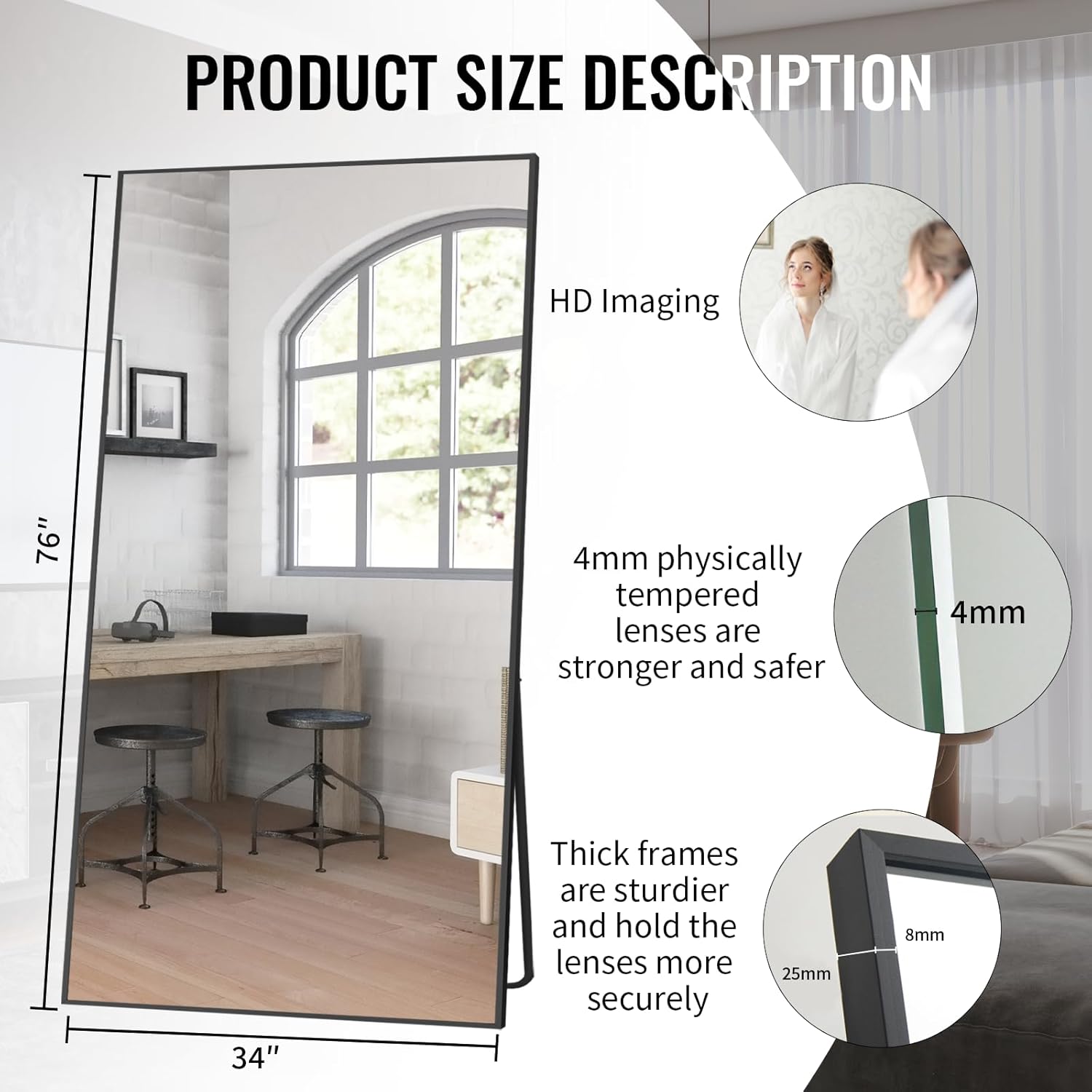 Beauty4U 76 x 34 Large Full Length Mirror with Stand, Black Wall Mounting Full Body Tempered Mirror for Living Room, Bedroom