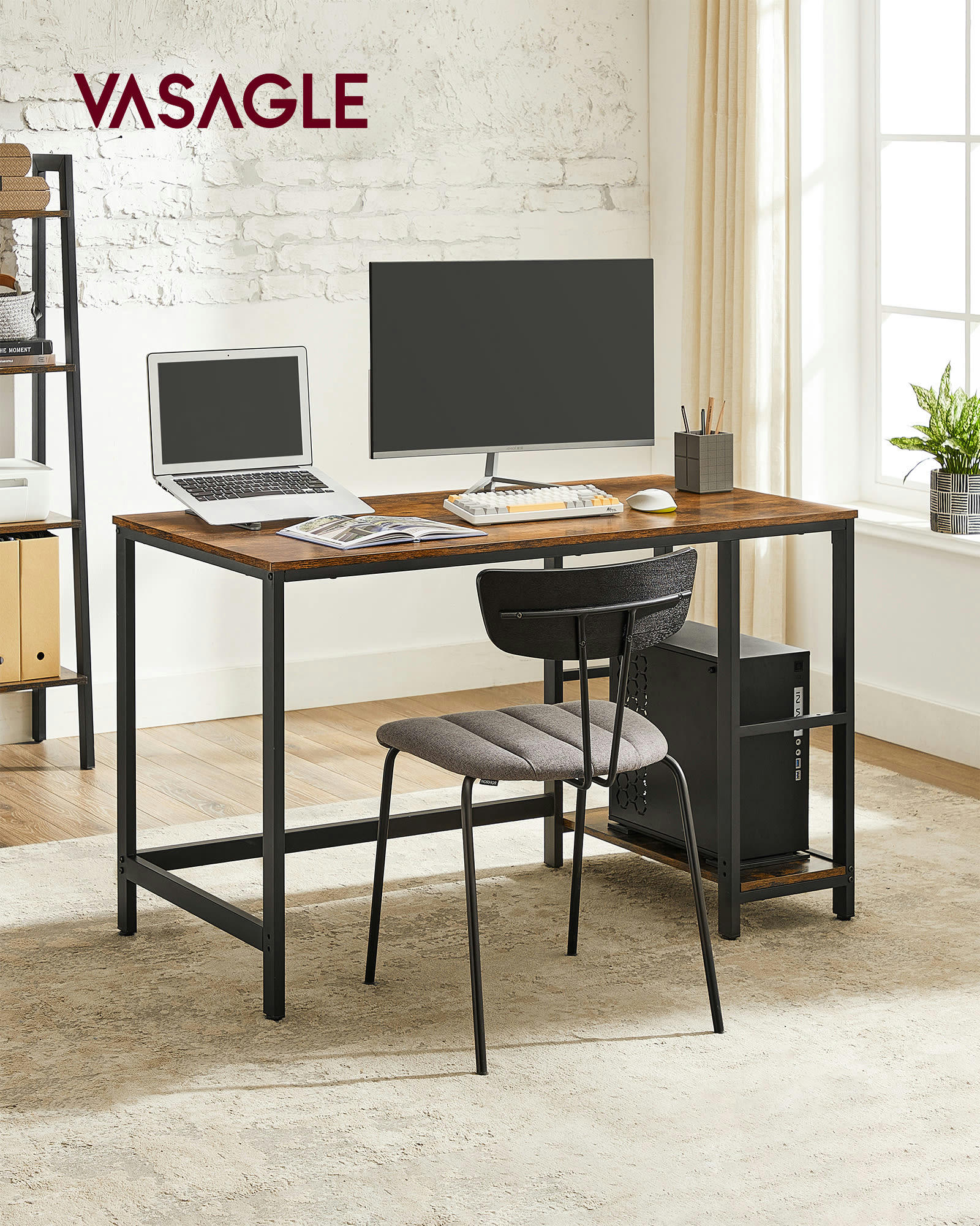- Bureau 120 cm avec étagères réversibles effet bois marron rustique
