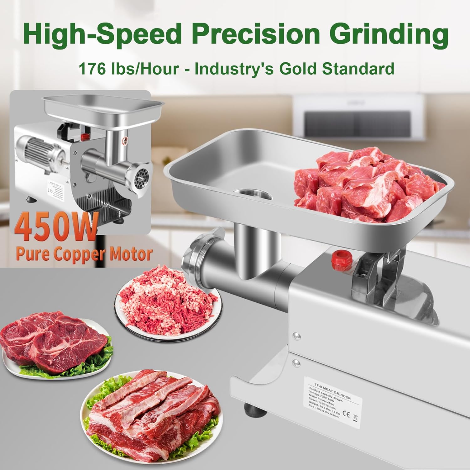 Meat Grinder Heavy Duty Electric,Commercial Meat Grinder #8 for Home Use Deer Processing Best Stainless Steel 2800W Max with 3 Grinding Plates 3 Sausage Stuffer Tubes 1 Pusher 2 Blades