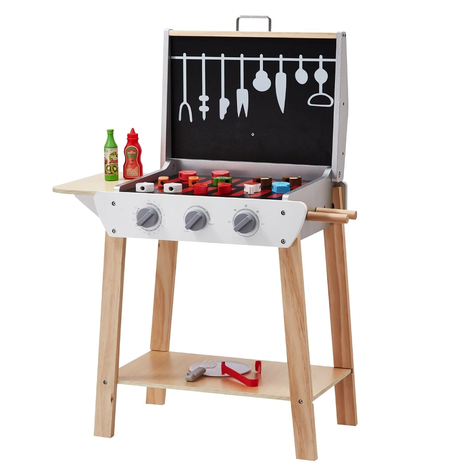 Black and Wood Vertical BBQ Grill Playset for Kids with 21 PCS and Twist Sounds - 23.23” L x 18.19” W x 32.28” H