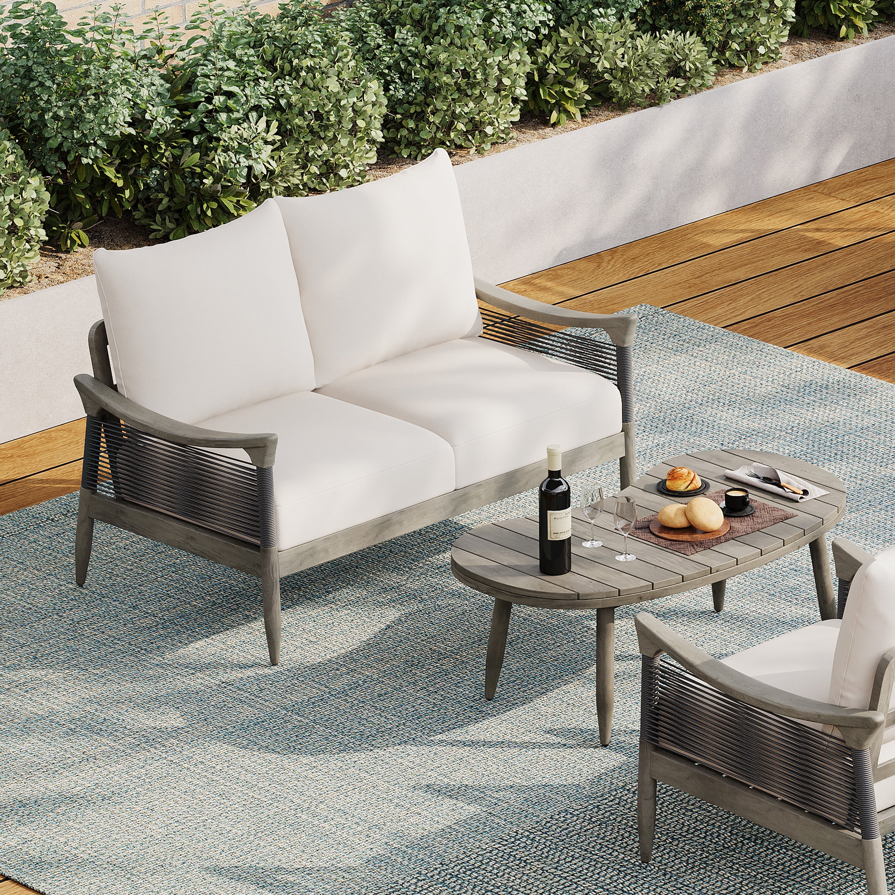 Christopher Knight Home - 2-Piece Patio Conversation Set with Woven Rope Loveseat, Cushions & Acacia Wood Coffee Table