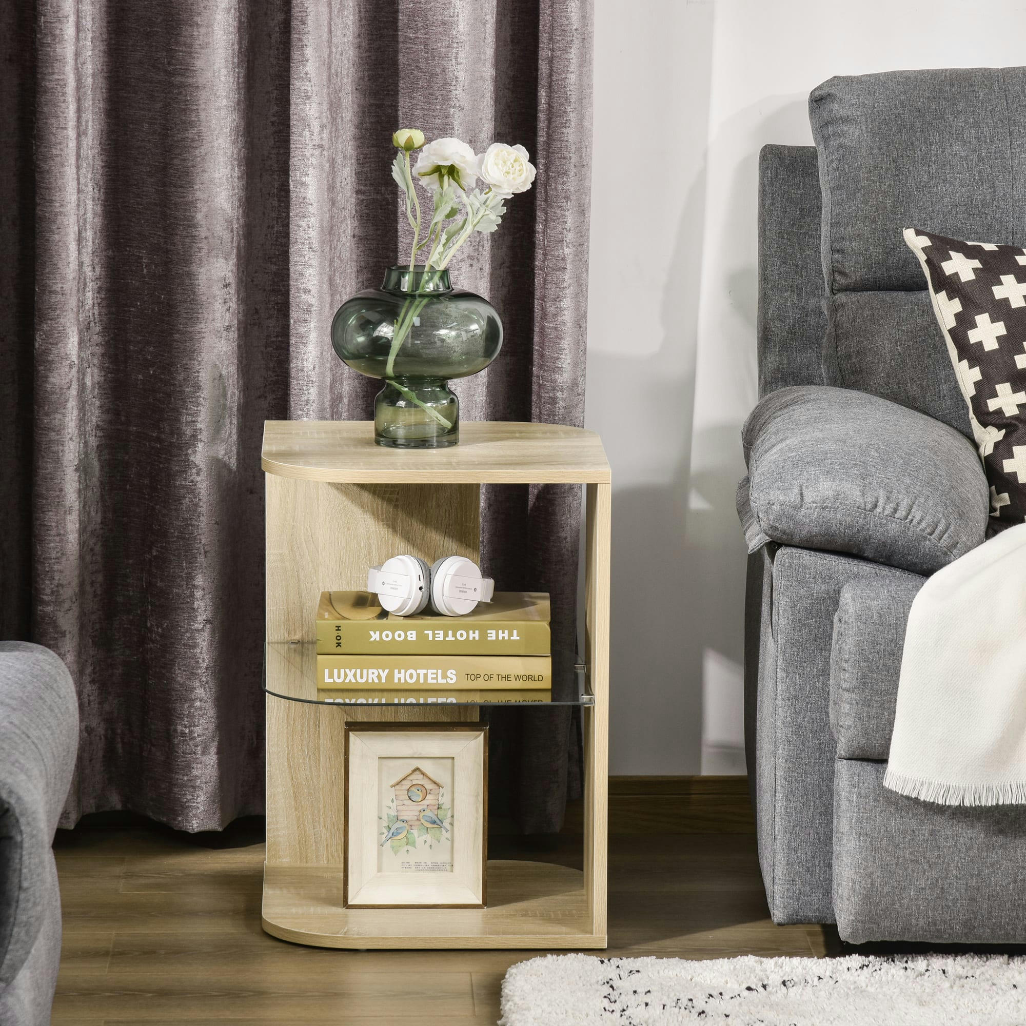 - Guéridon design contemporain étagère verre trempé aspect chêne clair