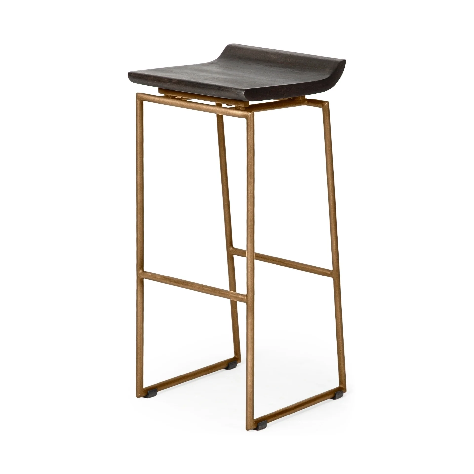 Givens Dark Brown Solid Wood Seat with Gold Metal Frame Bar Stool - 14W x 15.8D x 31.8H