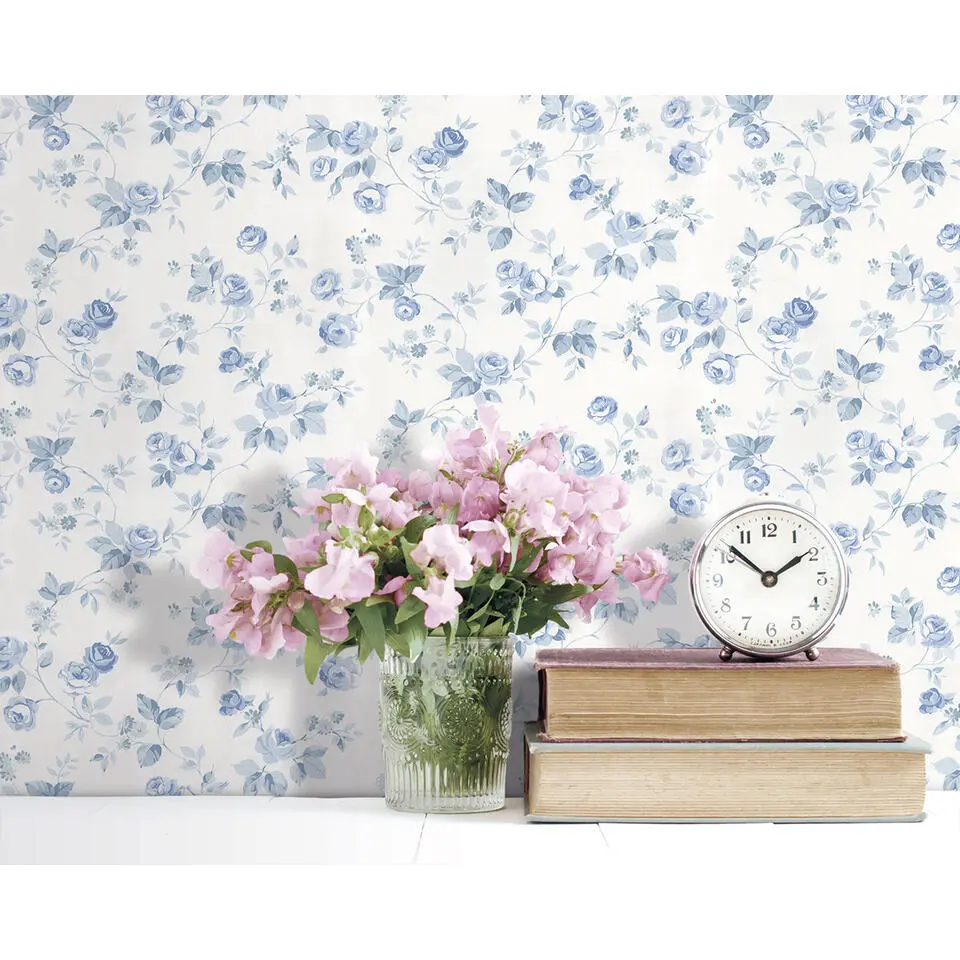 Sanders & Sanders behang bloemen blauw en gebroken wit - 53 cm x 10 m
