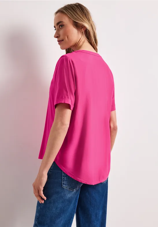 Kurzarm Bluse mit Split Neck in Unifarbe