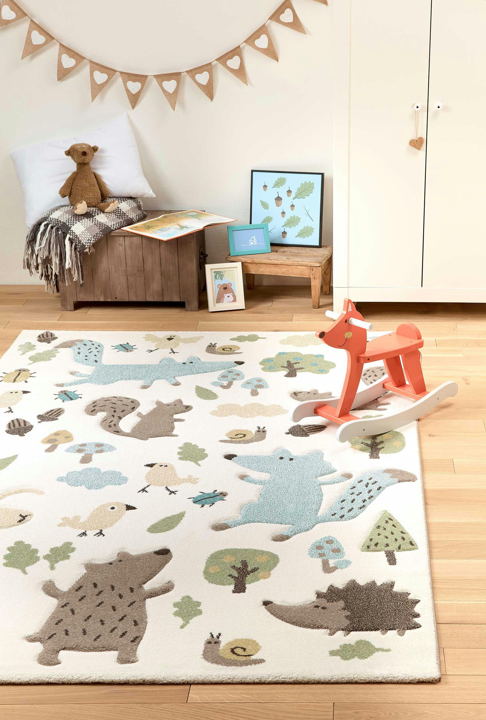 FOREST - Tapis enfant motif animaux forêt écru bleu 80x150