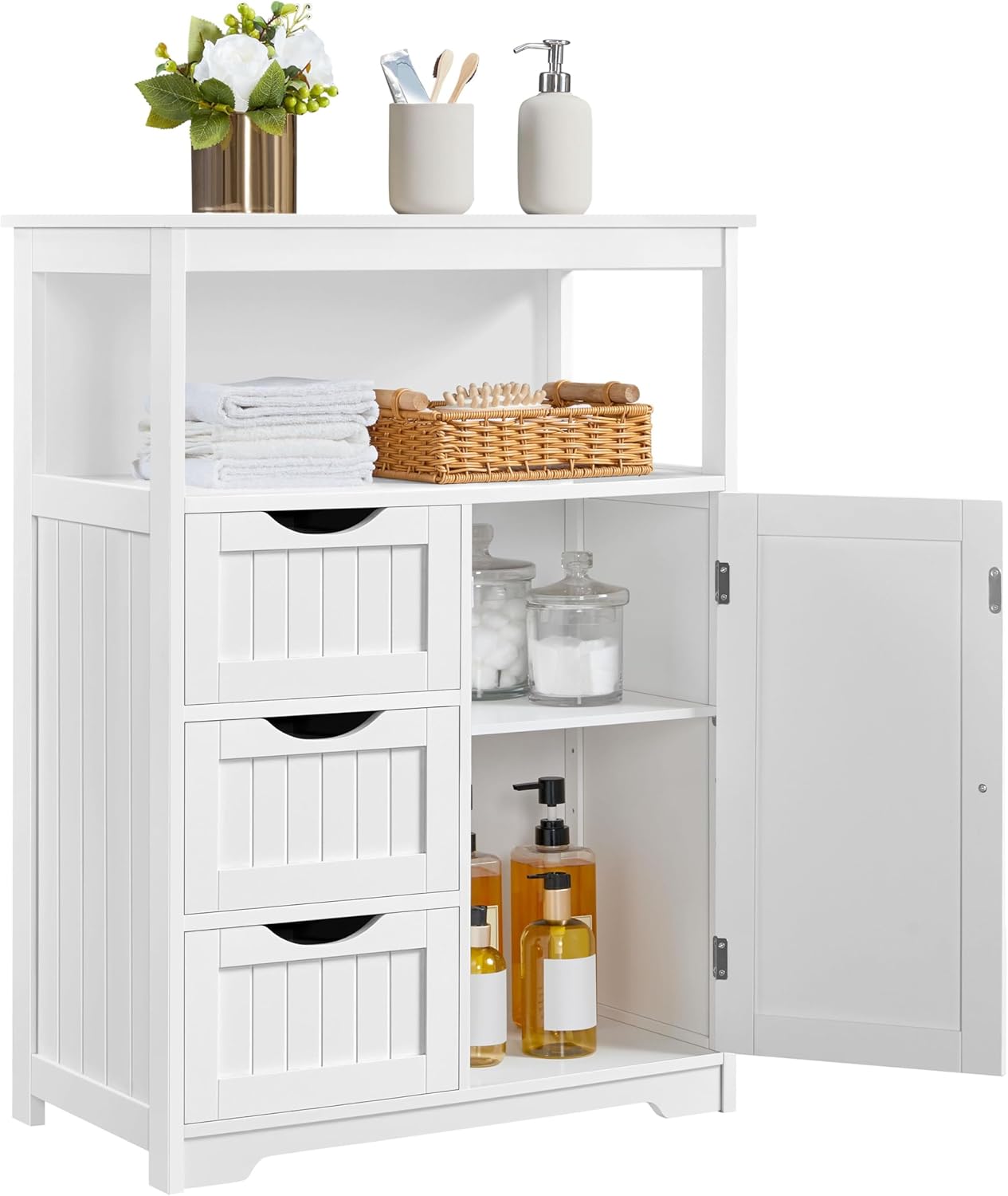 Yaheetech Bathroom Storage Cabinet Bathroom Floor Cabinet Freestanding Storage and Organizer with Door, 3 Drawers, Adjustable Shelf, 35.5 Inches Height, White