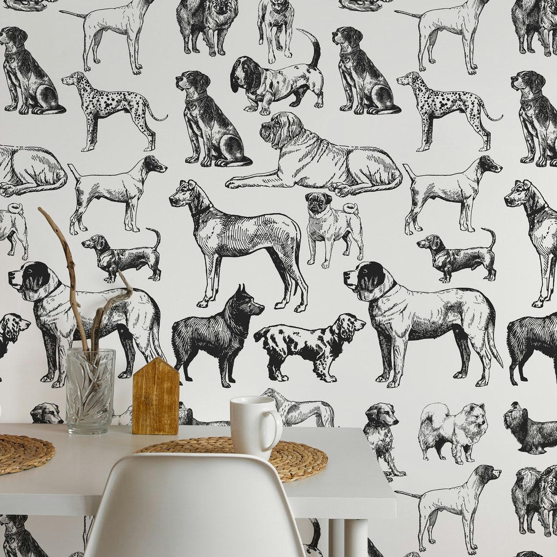 ANIMALI - Papier Peint Chiens Noirs et Blancs 250x200 cm