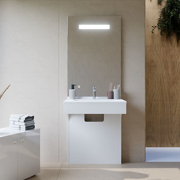 Meuble vasque PMR EPURE 70 cm avec miroir led ELEG Plus ht105 - Blanc brillant