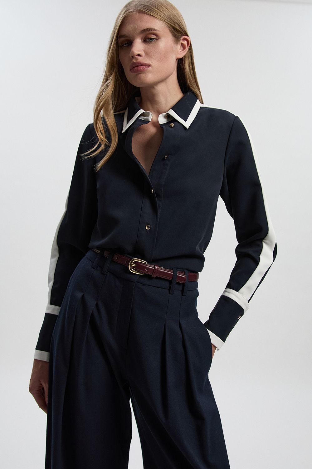 KarenMillen Twill Contrast Hardware Collared Woven Shirt
