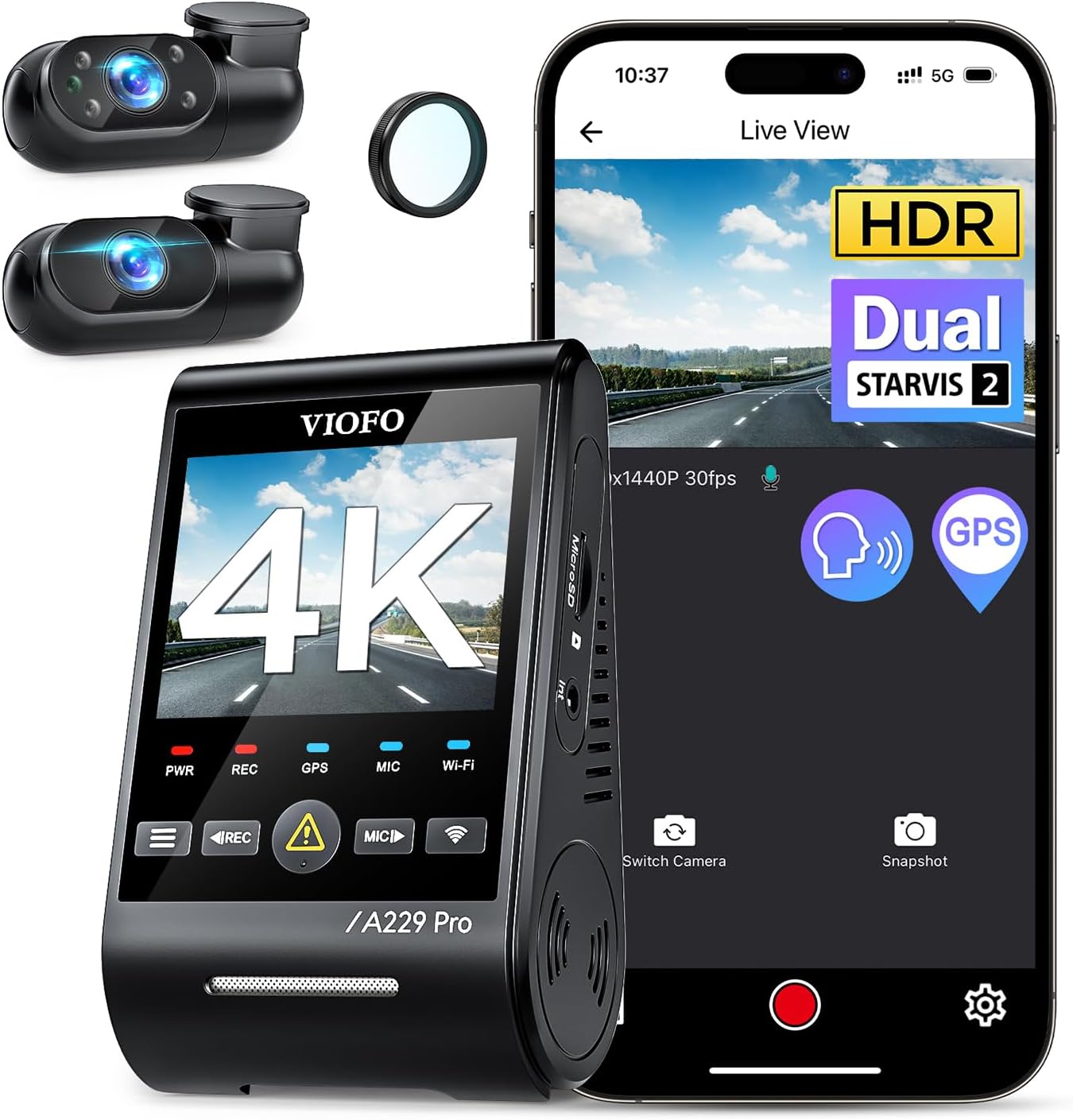 VIOFO A229 Pro 3 Channel 4K HDR Dash Cam  Dual STARVIS 2 Sensors IMX678 & IMX675  4K+2K+1080P Front Inside and Rear Triple Car Camera  5GHz WiFi GPS  Voice Control  24H Parking Mode