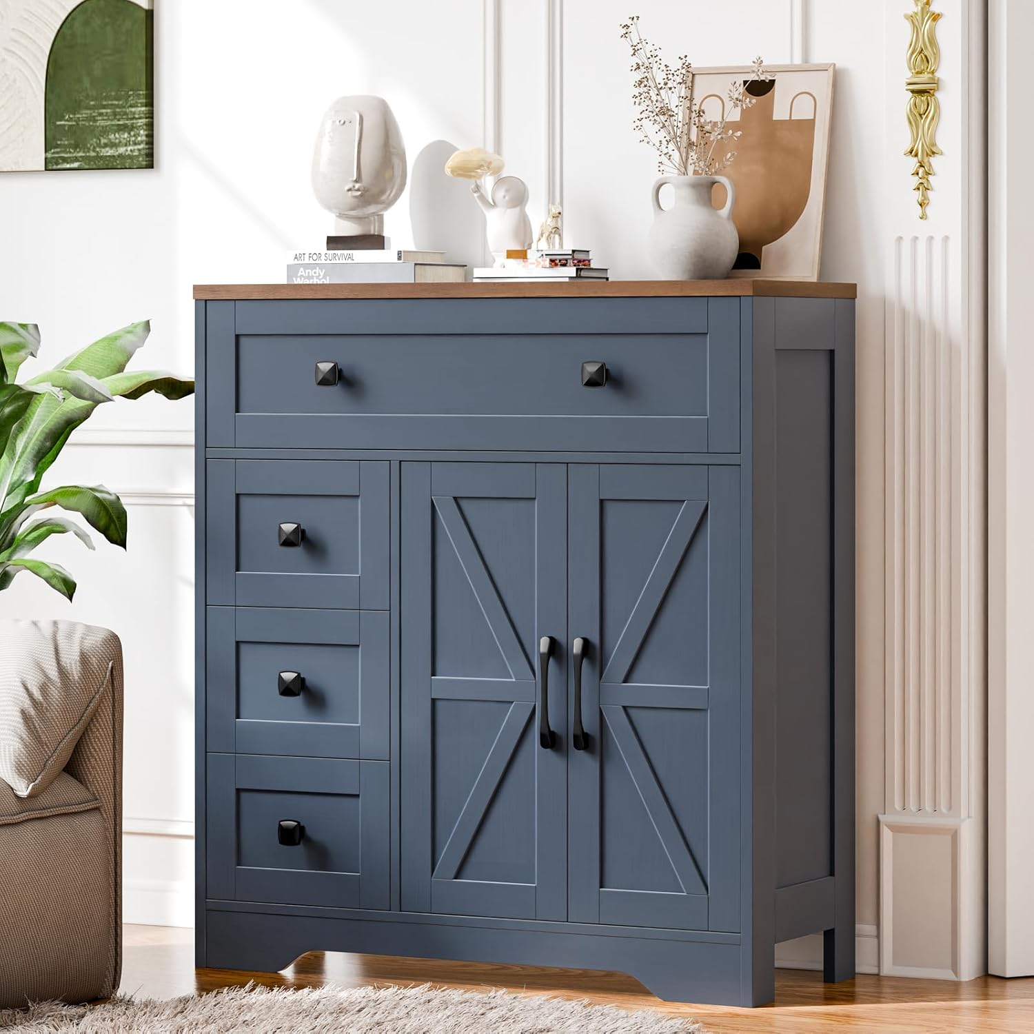 Vabches Farmhouse Storage Cabinet with 2 Doors and 4 Drawers, Freestanding Bathroom Storage Cabinet Kitchen Pantry, Floor Hutch Cupboard for Living Room/Bathroom/Kitchen,Blue