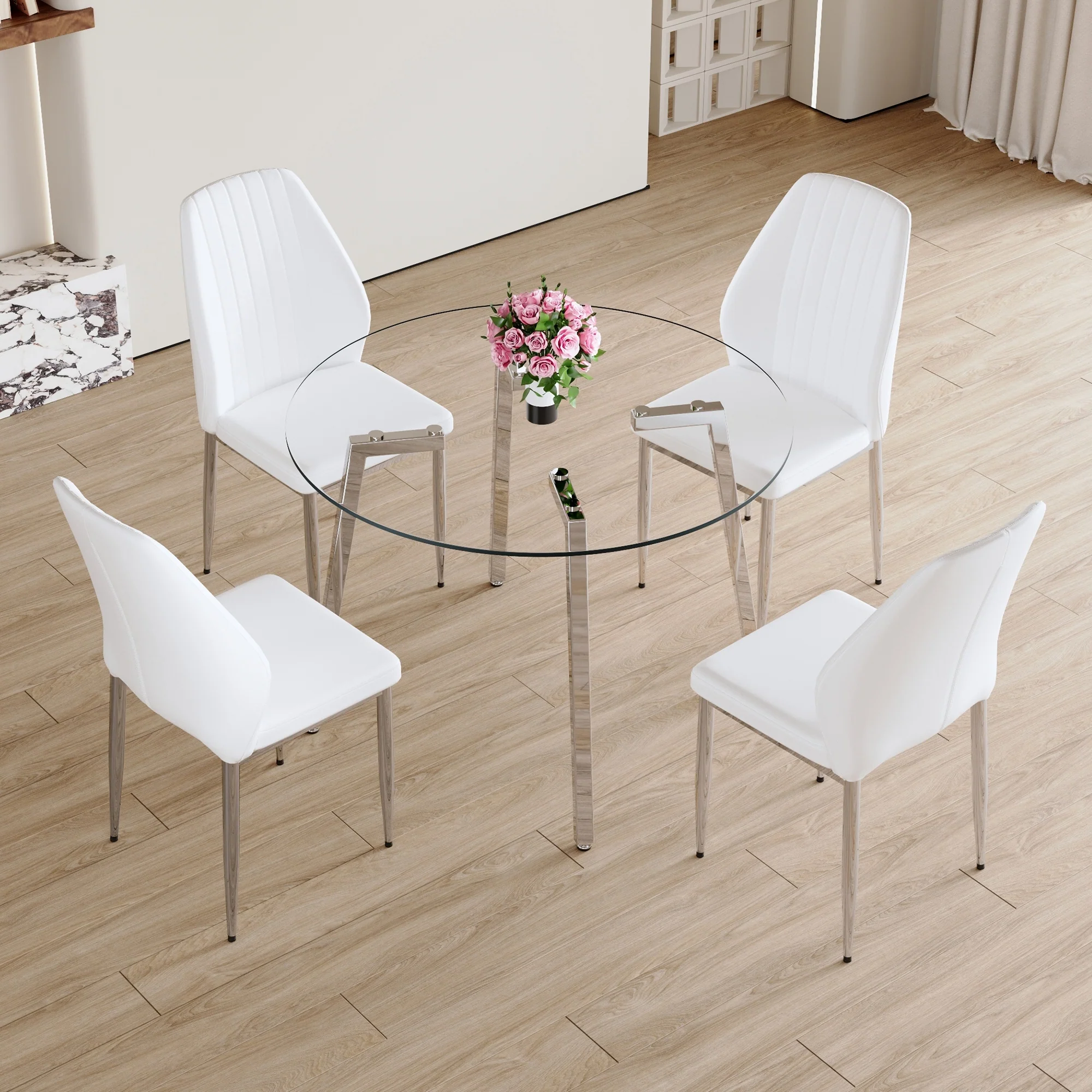 Modern Style 5-Piece Dining Set with Round Transparent Tempered Glass Table and 4 PU Extended Backrest Dining Chairs